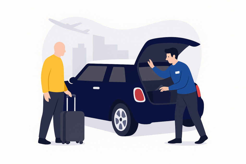 Voiturier ouvrant le coffre d'une voiture pendant que le client revient de l’aéroport avec sa valise