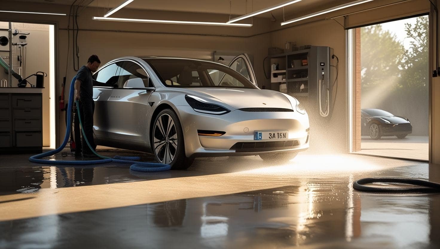 Voiture en cours de lavage ou en recharge électrique dans un parking privé, représentant les services additionnels proposés par le service voiturier