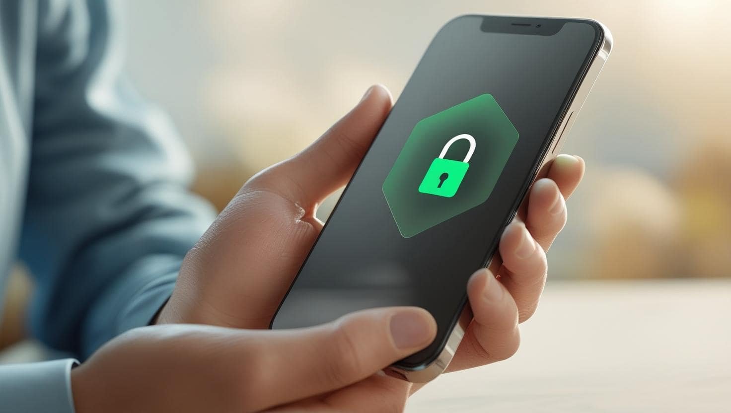 Personne tenant un smartphone pour réserver une place de parking en ligne, avec une interface claire et un écran neutre, sans carte bancaire visible