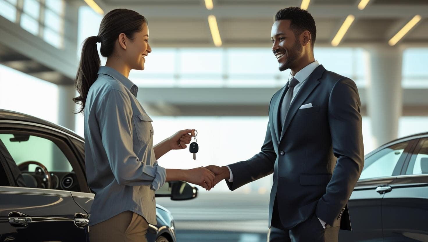 Client souriant remettant ses clés au voiturier devant le terminal de l'aéroport Roissy, illustrant un service rapide et sans stress