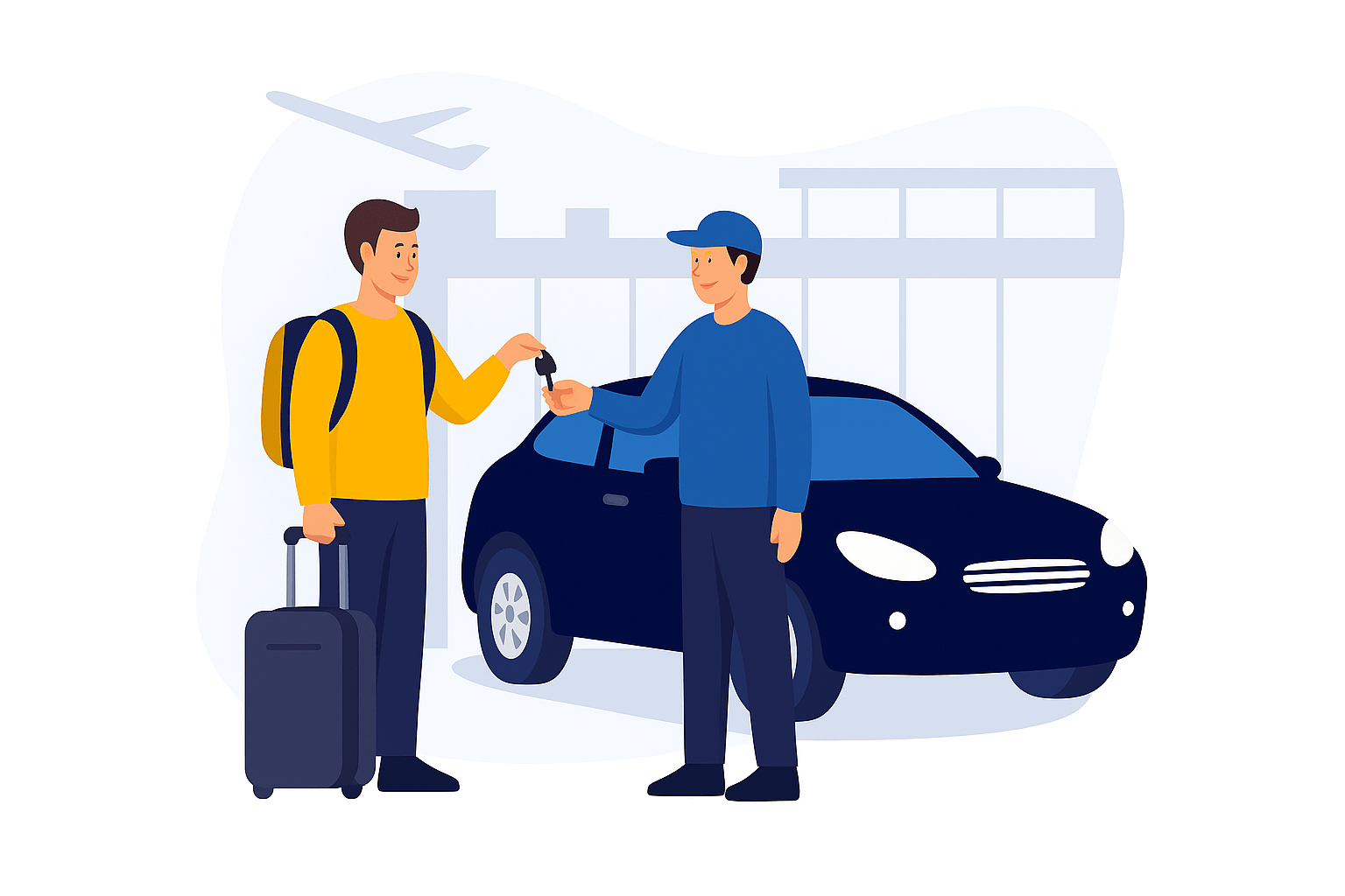 Client remettant les clés de sa voiture au voiturier devant le terminal de Roissy CDG